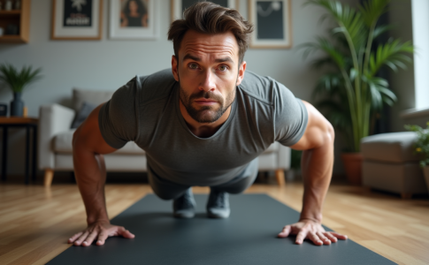 Homme musclé en entraînement dans un salon moderne