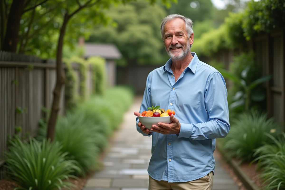 Homme dans un jardin avec bol de fruits frais