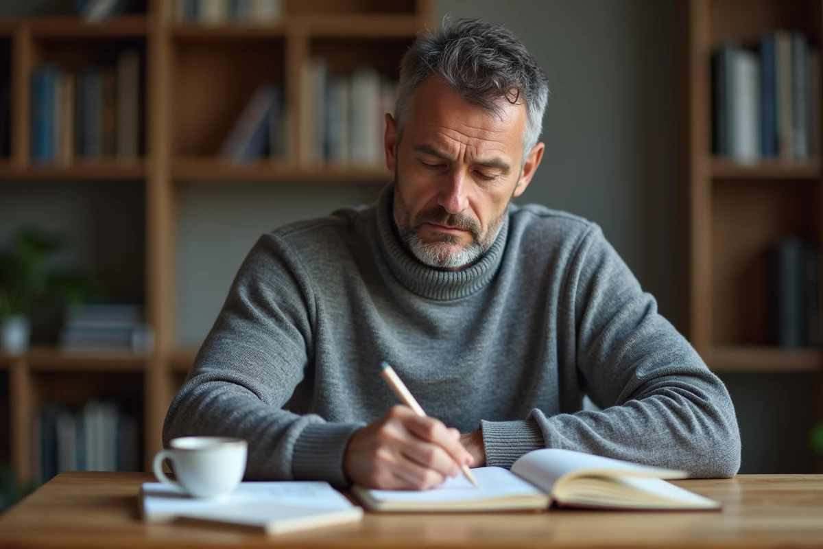 Homme intégrant une méthode structurée dans sa routine quotidienne avec un journal et un espace de travail organisé