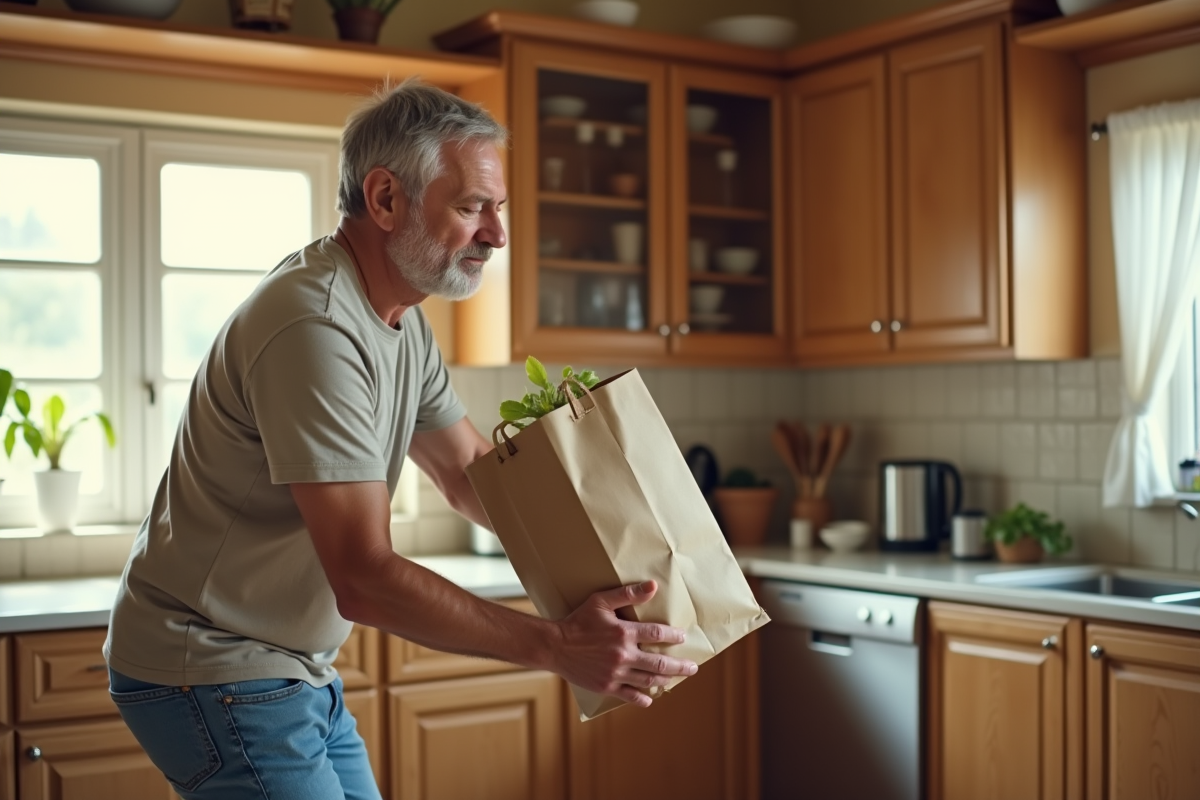 Homme soulevant un sac de courses dans une cuisine lumineuse