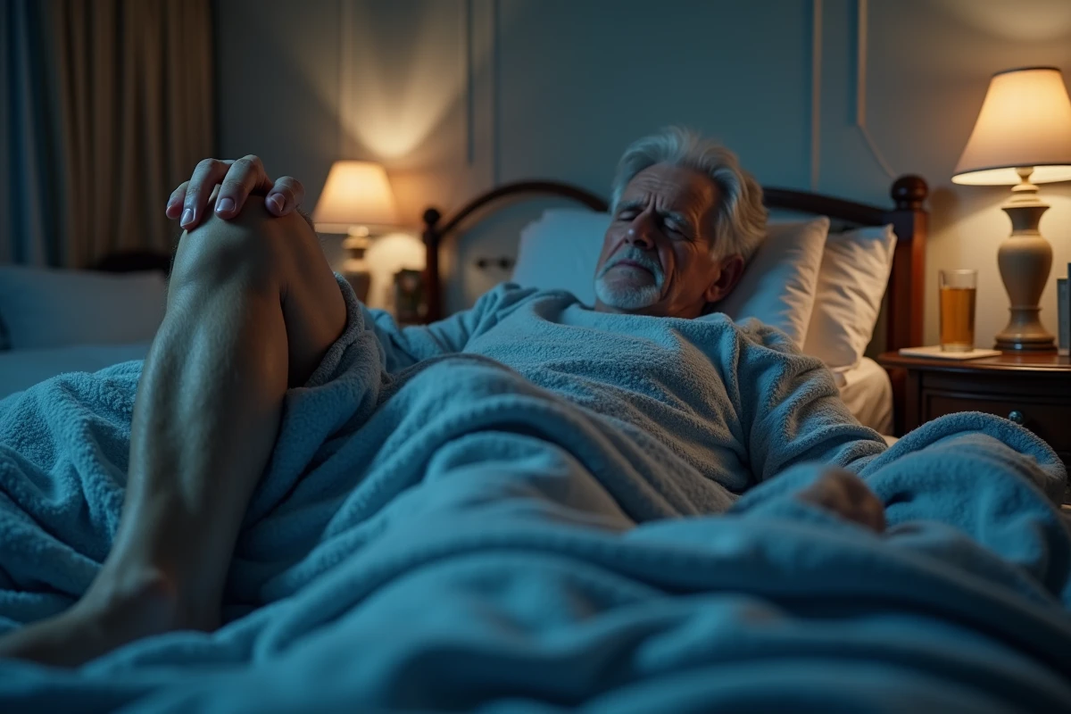 Homme âgé souffrant dans son lit avec une couverture bleue
