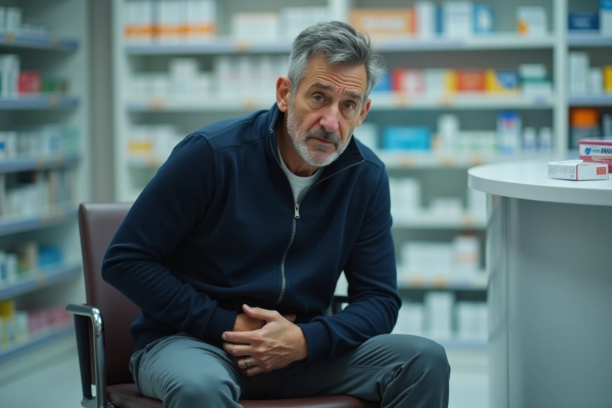 Homme fatigué assis dans une pharmacie tenant son estomac, évoquant un malaise vagal lié à une mauvaise utilisation du paracétamol