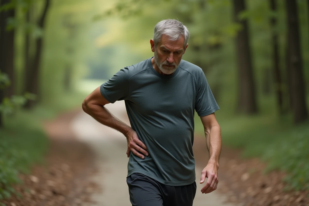 Homme en marche dans la forêt avec douleur au dos