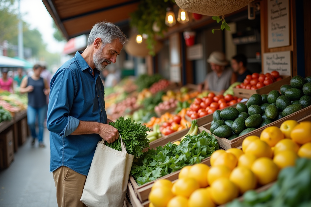 Homme choisissant des légumes frais dans un marché animé
