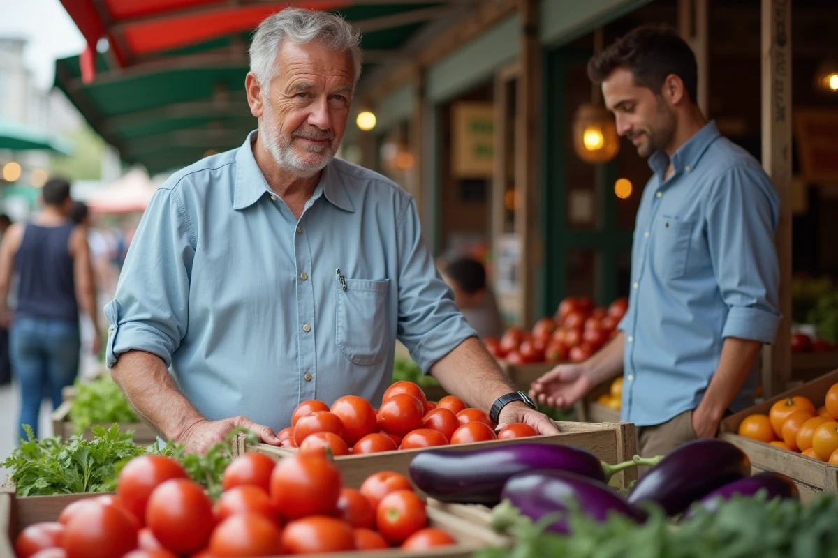 Homme choisissant des légumes frais au marché en plein air