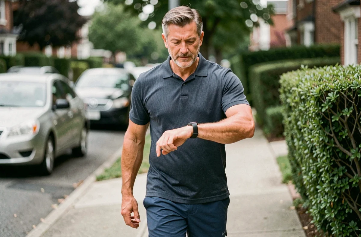 Homme vérifiant sa montre connectée pendant une marche sportive pour suivre sa vitesse et sa dépense calorique