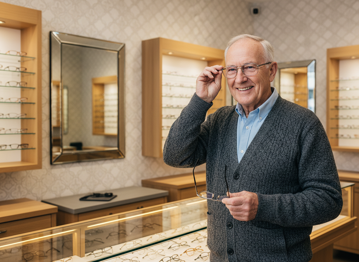 Homme âgé essayant de nouvelles lunettes dans une boutique optique