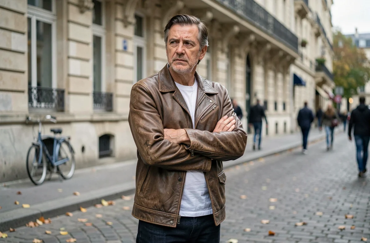 Homme pensif debout seul dans une rue parisienne en automne, regard absent évoquant la fatigue et l'épreuve de la maladie