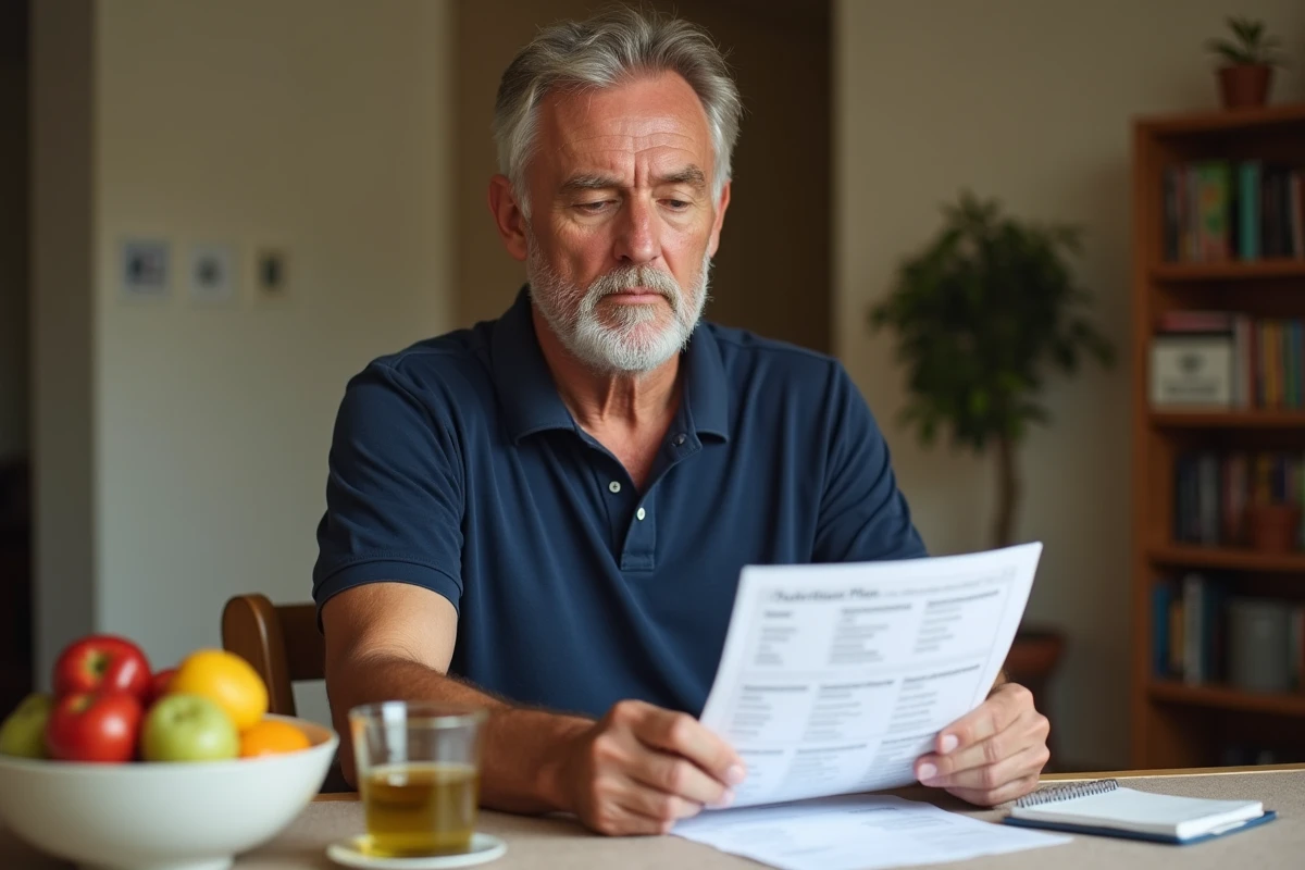 Homme en surpoids consultant un plan nutritionnel pour faire baisser ses transaminases en une semaine