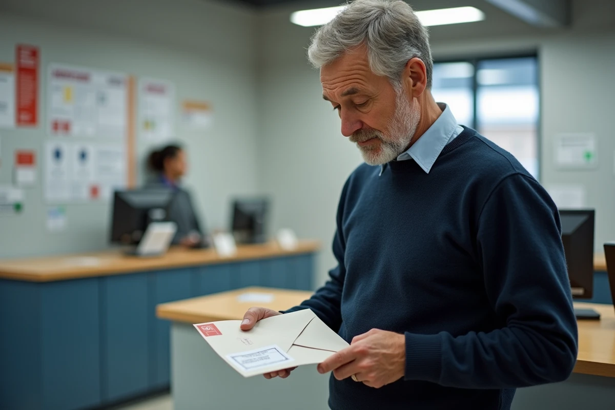 Homme à la poste tenant une enveloppe adressée à la CPAM Lyon pour l'envoi d'un dossier