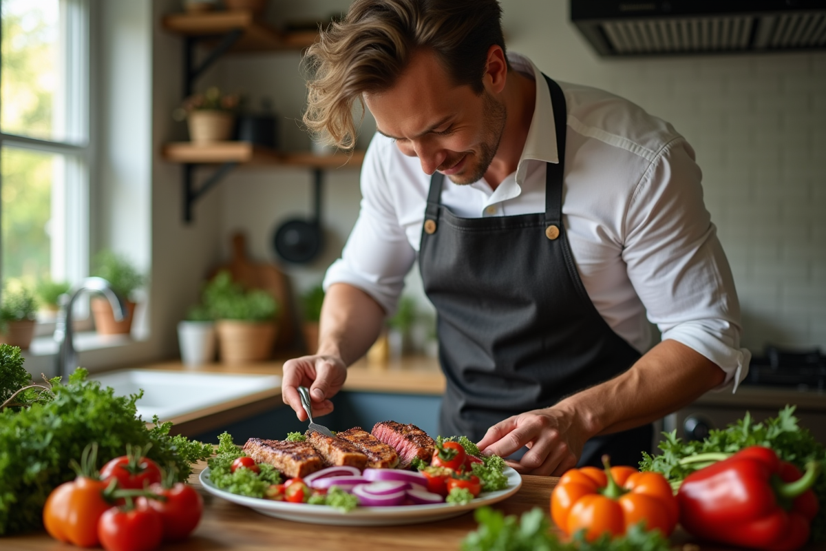 Homme préparant des légumes grillés dans une cuisine moderne