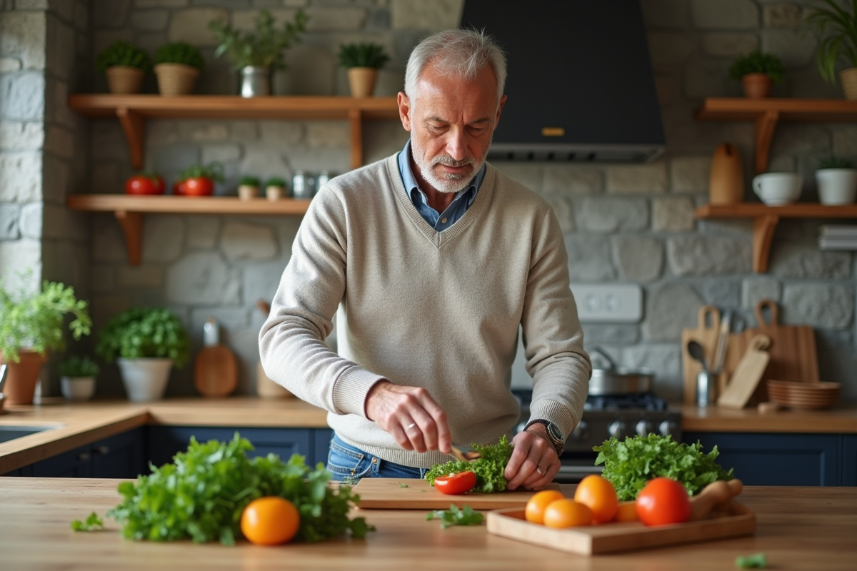 Homme d age moyen préparant une salade dans la cuisine