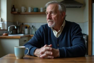 Homme d'âge moyen pensif dans sa cuisine