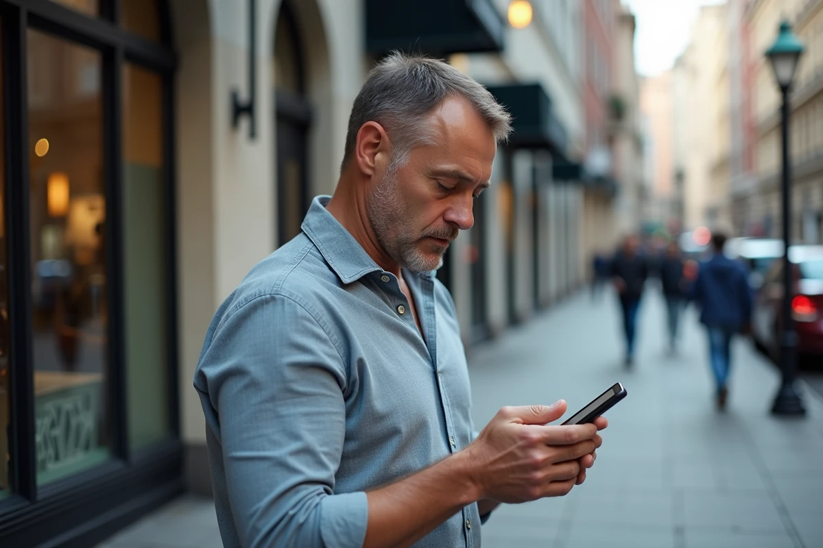 Homme dans la rue en train de regarder son smartphone sur la nutrition