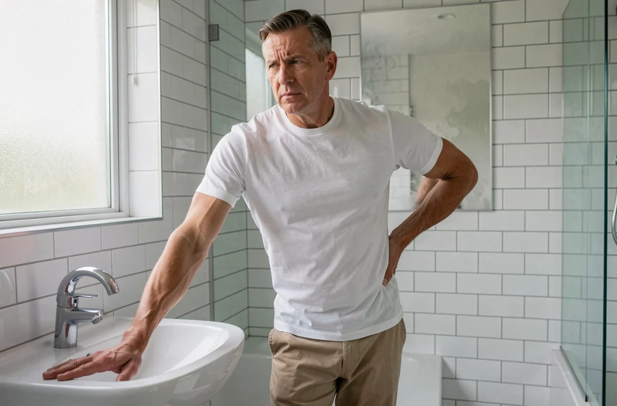 Homme d'âge mûr debout dans une salle de bain, la main dans le dos, souffrant de douleurs lombaires associées à la constipation