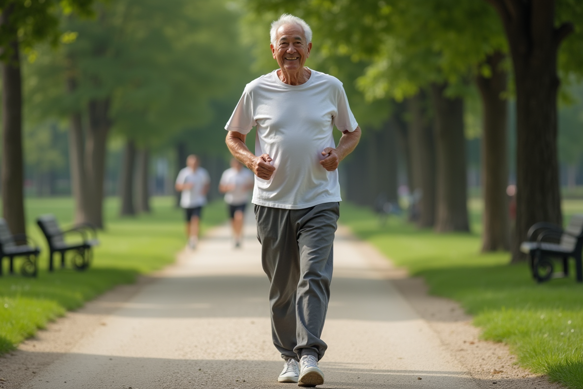 Homme senior marchant dans un parc ensoleillé