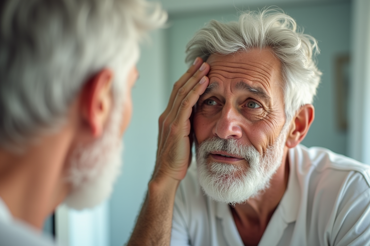 Homme senior touchant son visage en regardant son reflet dans le miroir