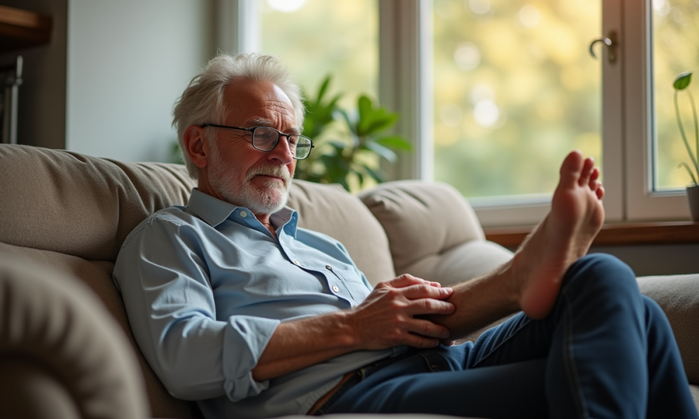 Homme senior examine son pied dans un salon lumineux