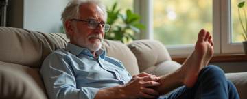 Homme senior examine son pied dans un salon lumineux