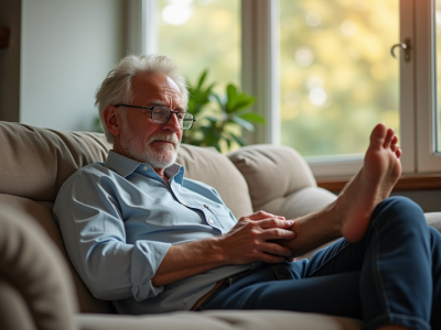 Homme senior examine son pied dans un salon lumineux