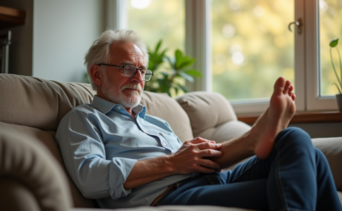 Homme senior examine son pied dans un salon lumineux