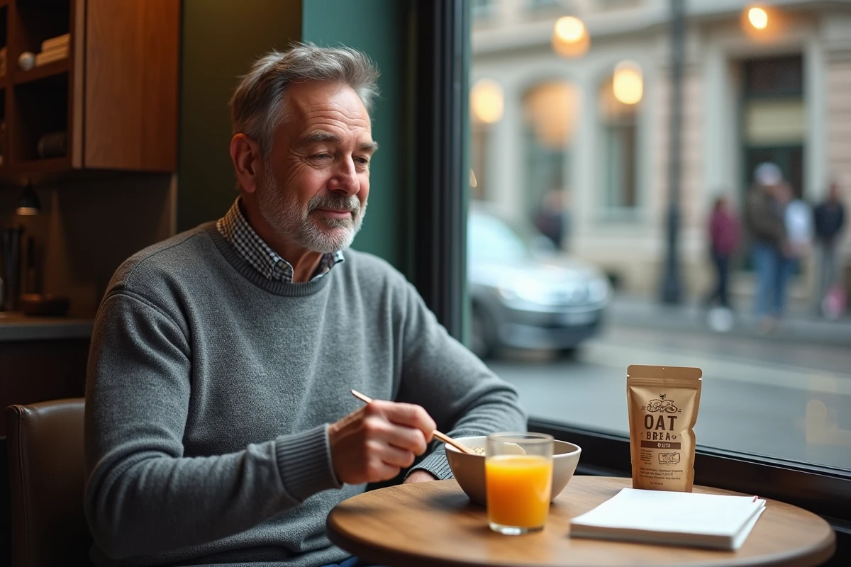 Homme mélangeant du son d'avoine dans un bol de porridge lors d'un petit-déjeuner matinal au café