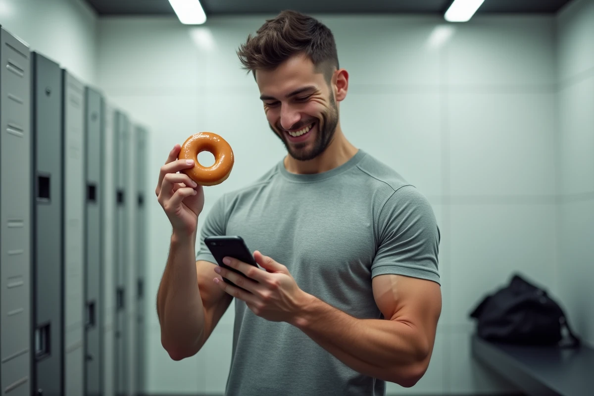 Homme en tenue de sport consultant une application nutritionnelle en tenant un donut Krispy Kreme dans un vestiaire de gym