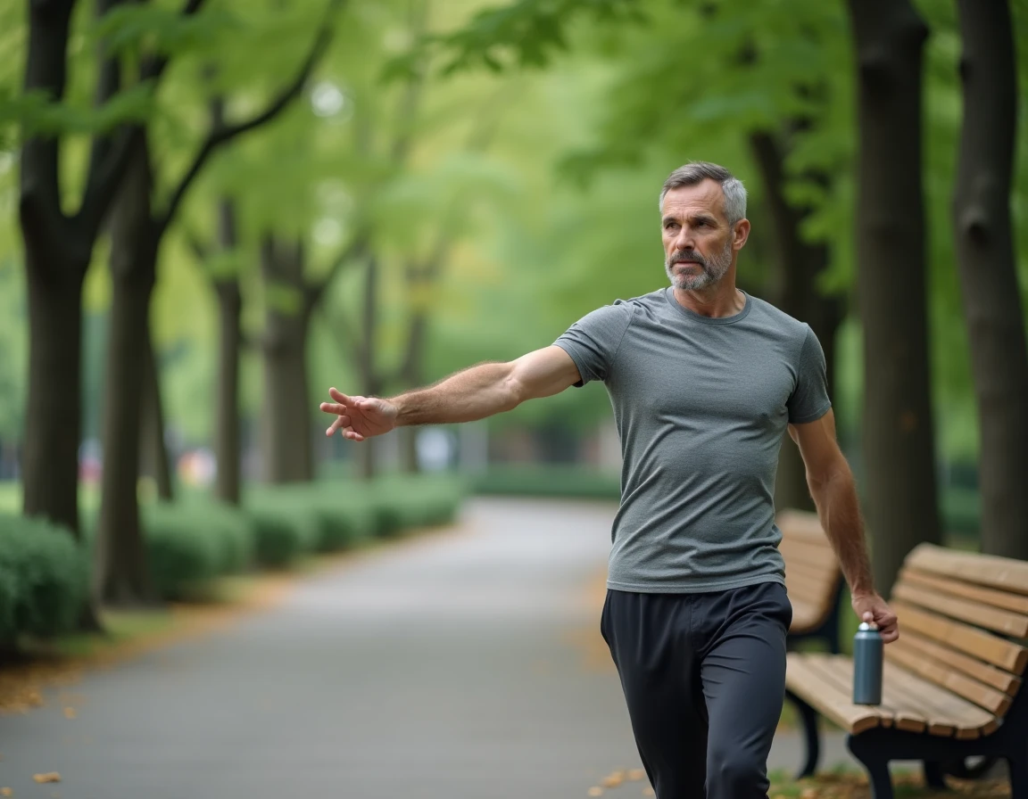 Homme pratiquant des exercices de stretching en plein air pour adopter un mode de vie sain et réduire les effets indésirables des compléments alimentaires