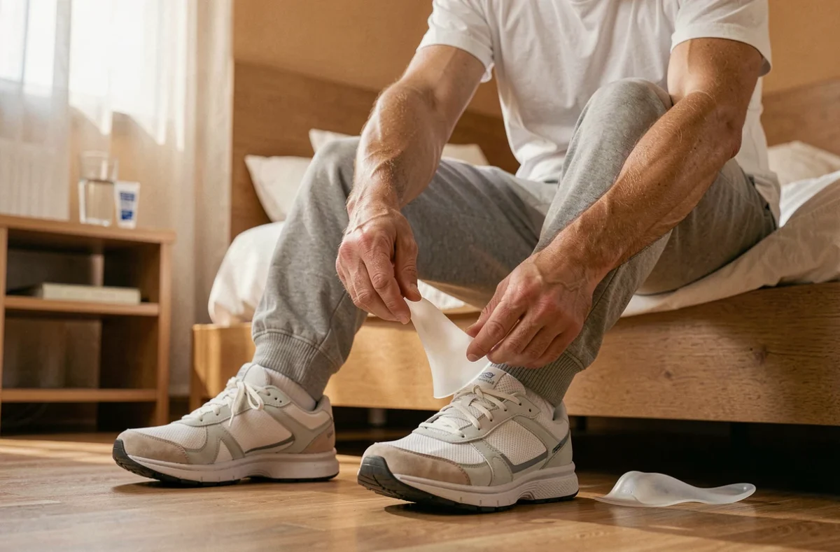 Homme âgé insérant un talon en silicone dans sa chaussure pour soulager la douleur de l'épine calcanéenne au quotidien
