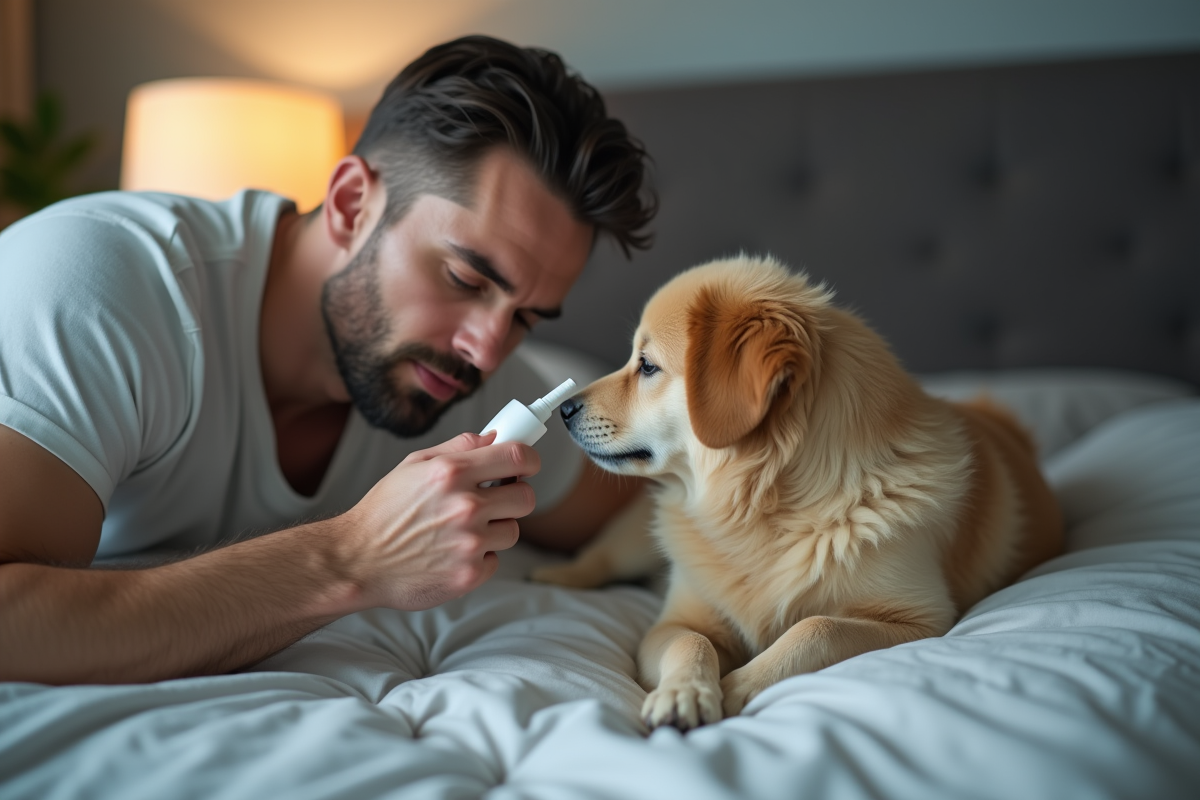 Homme utilisant un spray nasal avec un chien allongé à côté