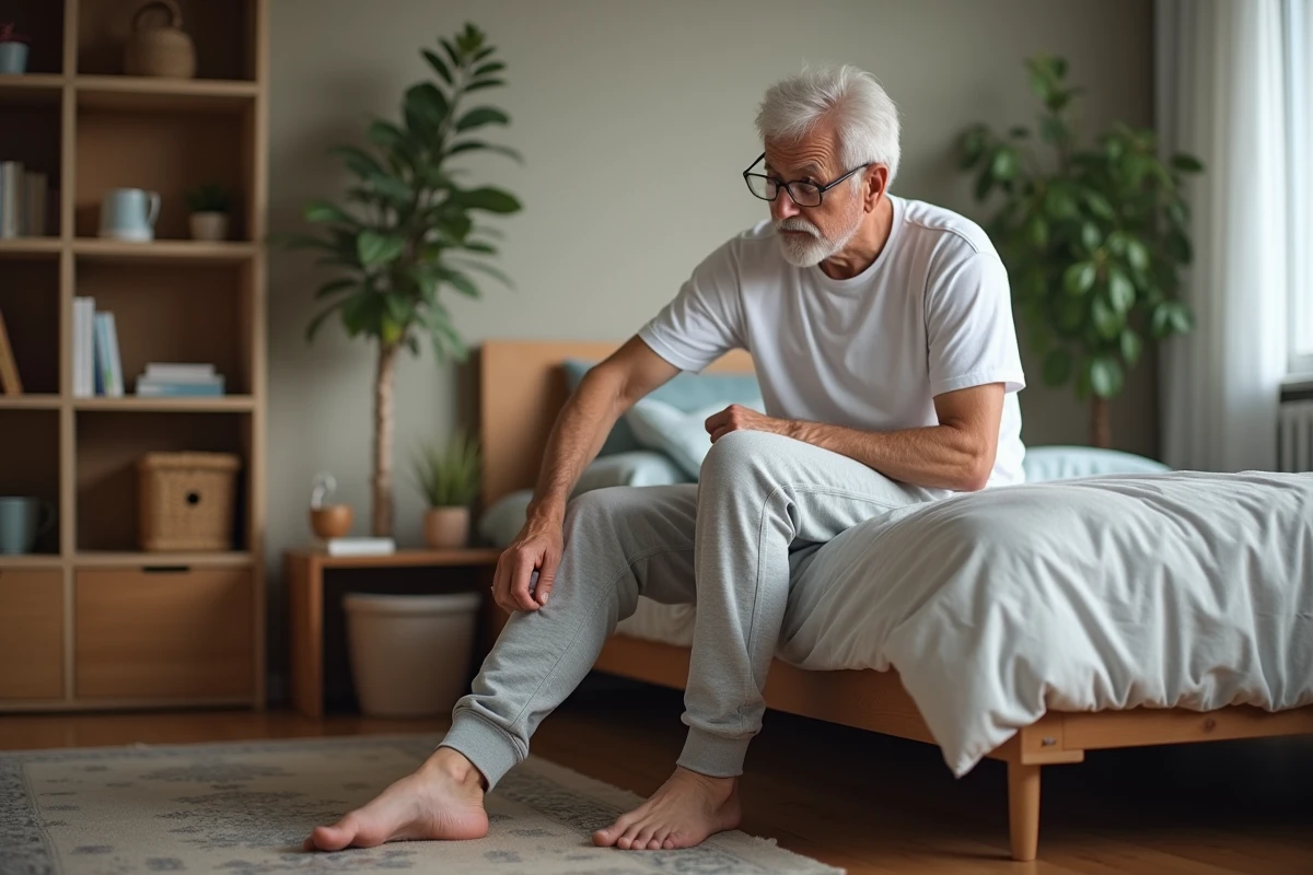 Homme âgé levant son pantalon pour vérifier son mollet