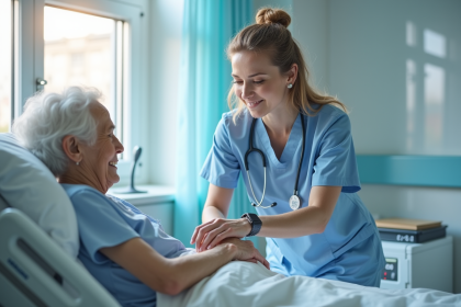 Infirmière en blouse bleue vérifiant le bracelet d'un patient âgé