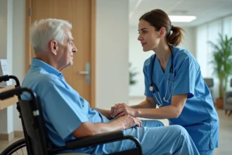 Infirmière en scrubs bleus examinant une personne âgée