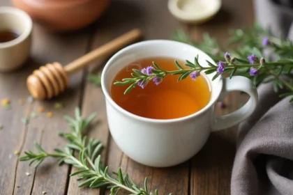 Infusion de thym dorée dans une tasse en céramique blanche avec brins de thym frais, posée sur une table en bois rustique