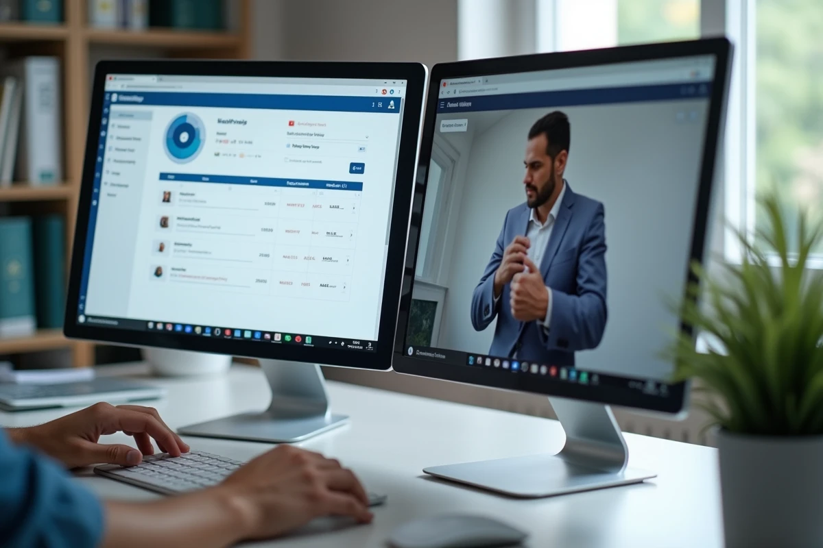 Interface de téléconsultation kinésithérapie sur deux écrans montrant un programme de rééducation et un appel vidéo
