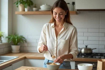 Femme ajoutant une petite dose de son d'avoine dans un bol de yaourt dans une cuisine moderne