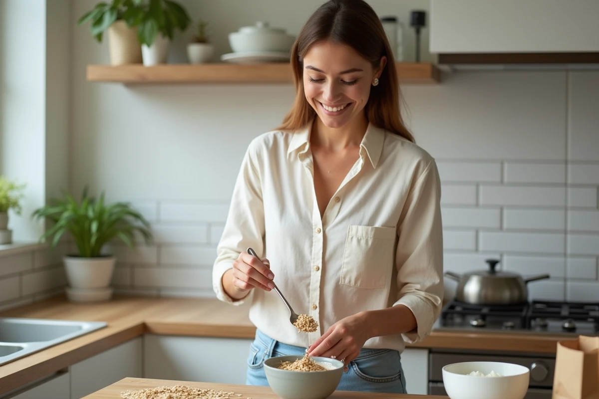 Femme ajoutant une petite dose de son d'avoine dans un bol de yaourt dans une cuisine moderne