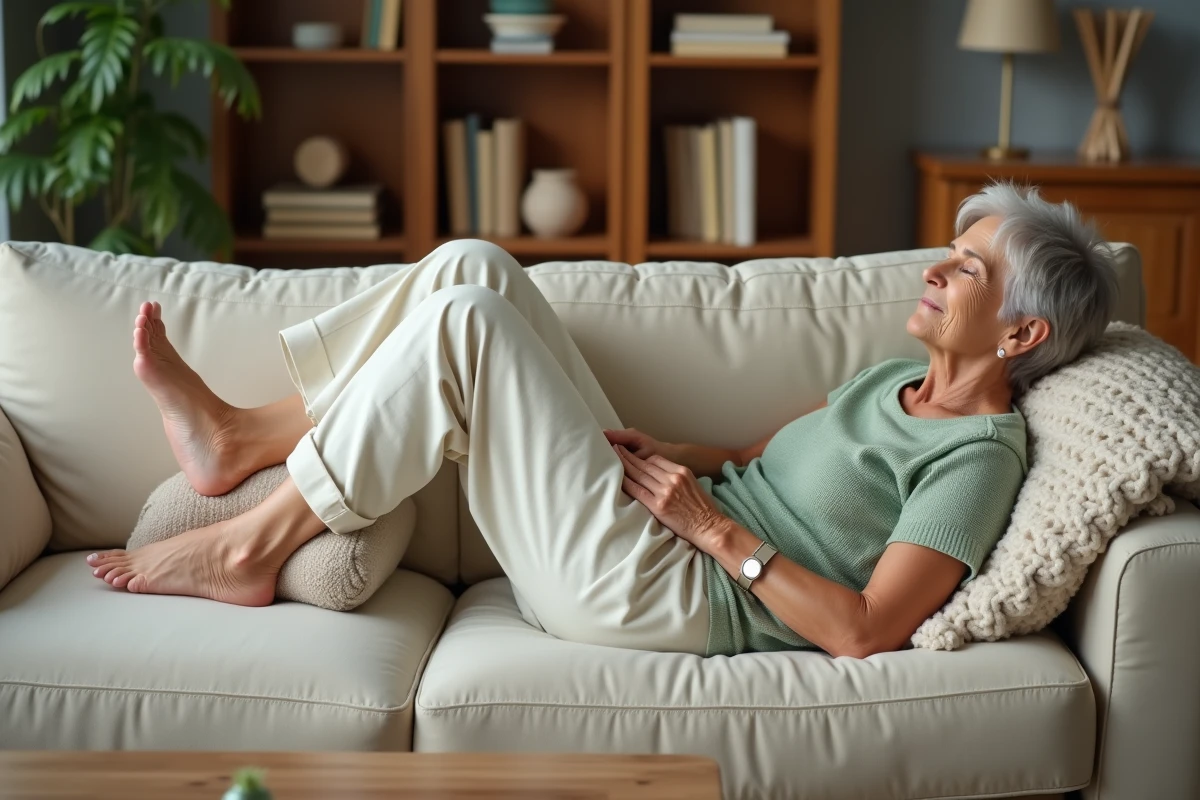 Femme âgée pratiquant des exercices de point du pied avec les jambes surélevées pour favoriser le retour veineux