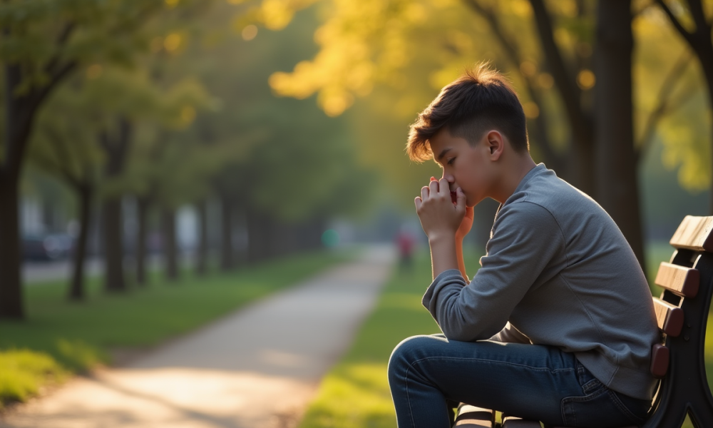Jeune adulte seul sur un banc de parc avec une expression mélancolique