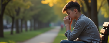 Jeune adulte seul sur un banc de parc avec une expression mélancolique