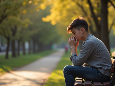 Jeune adulte seul sur un banc de parc avec une expression mélancolique