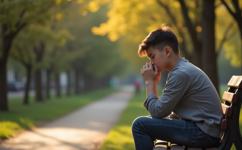 Jeune adulte seul sur un banc de parc avec une expression mélancolique