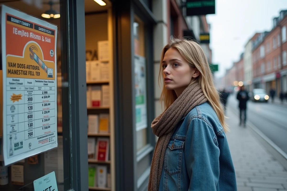 Jeune femme belge regardant un tableau des prix de cigarettes