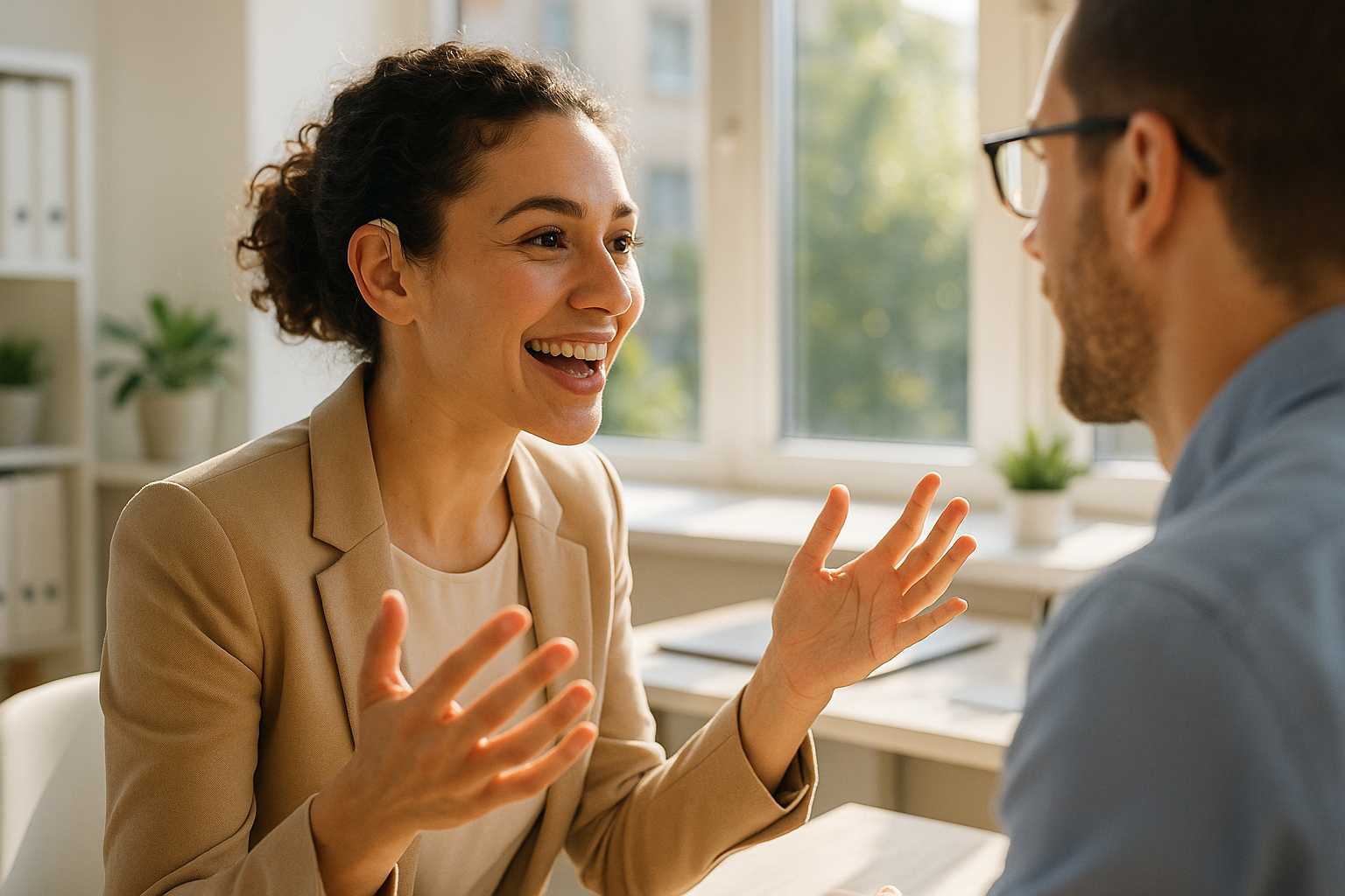 Jeune femme professionnelle discutant avec un collègue dans un bureau lumineux avec aide auditive