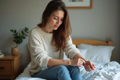 Jeune femme examine ses marques rouges sur le bras