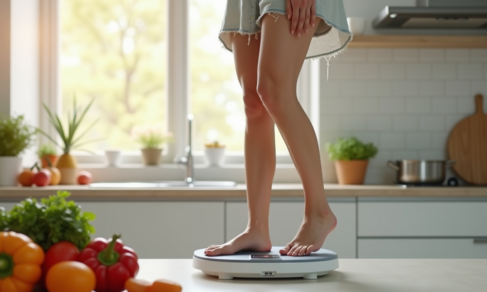Jeune femme souriante se pesant dans une cuisine lumineuse