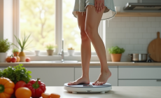 Jeune femme souriante se pesant dans une cuisine lumineuse