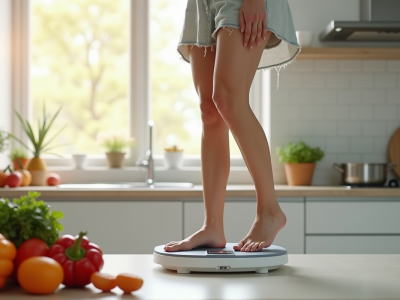Jeune femme souriante se pesant dans une cuisine lumineuse