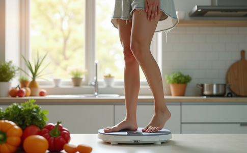 Jeune femme souriante se pesant dans une cuisine lumineuse