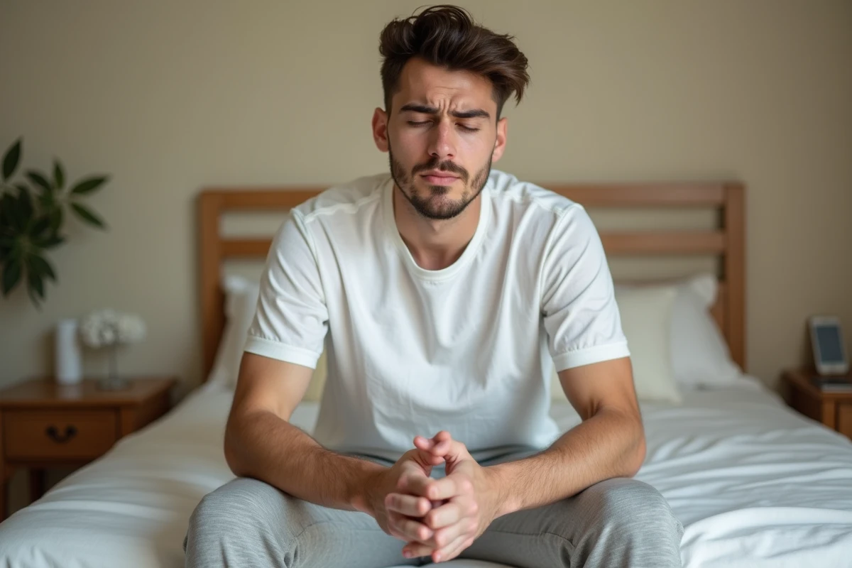 Jeune homme assis sur son lit les yeux fermés souffrant d'un sifflement dans l'oreille gauche, acouphène unilatéral